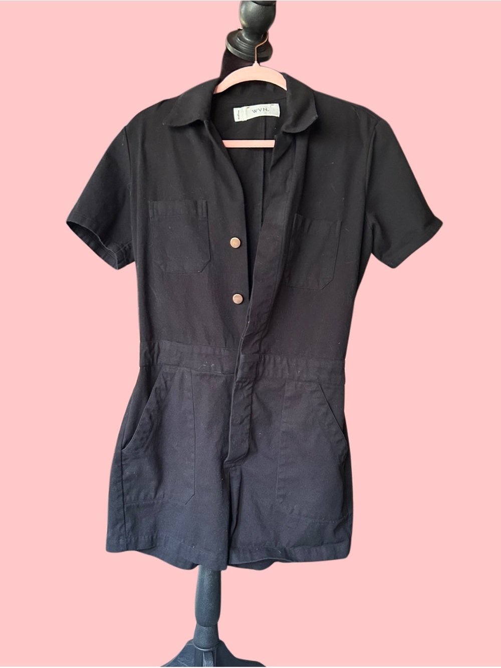 WVN Utility-Style Organic Cotton Black Charley Jumpsuit, M